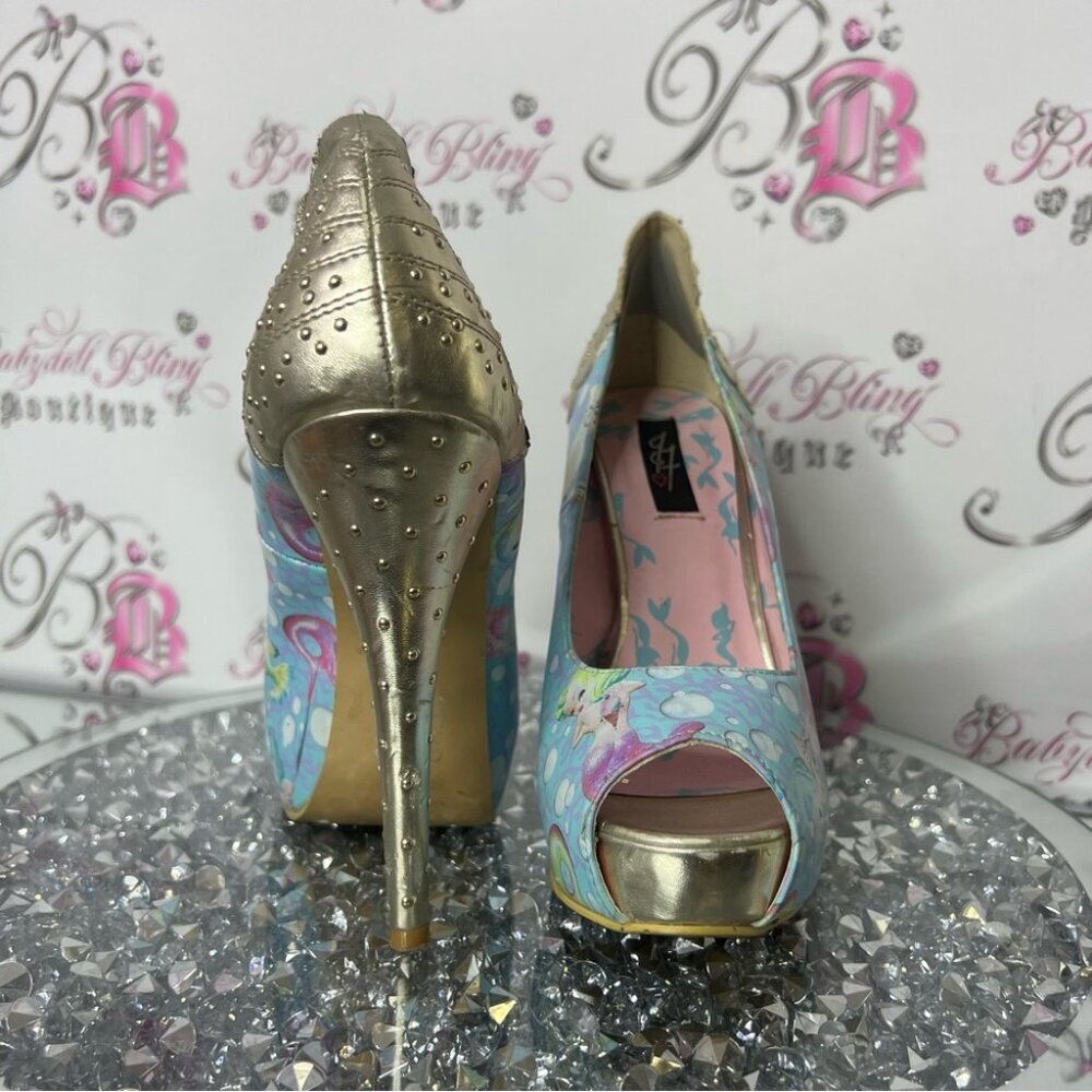 Iron Fist Lollipop Lorelei Peep Toe Platform mermaid Gold Blue Heels shoes - Picture 9 of 9